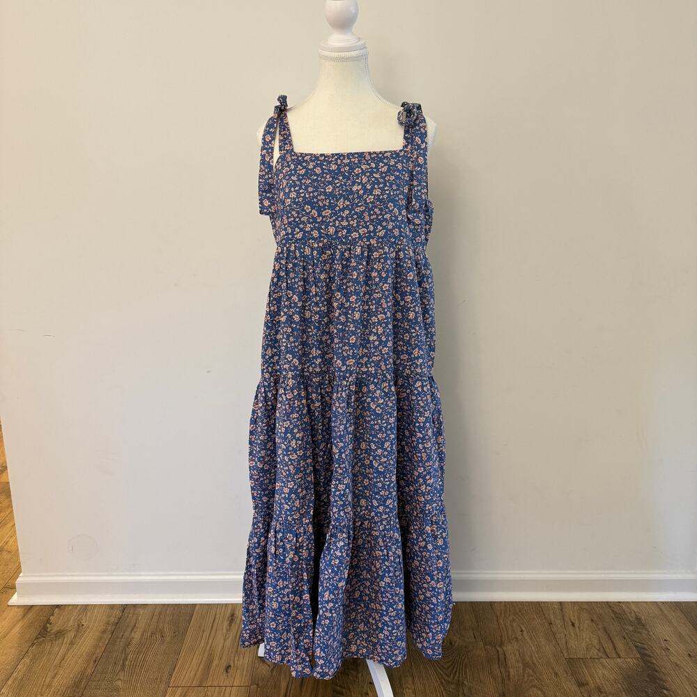 Madewell Blue Floral Tiered Midi Maxi Dress Tie Straps Smocking Size Large